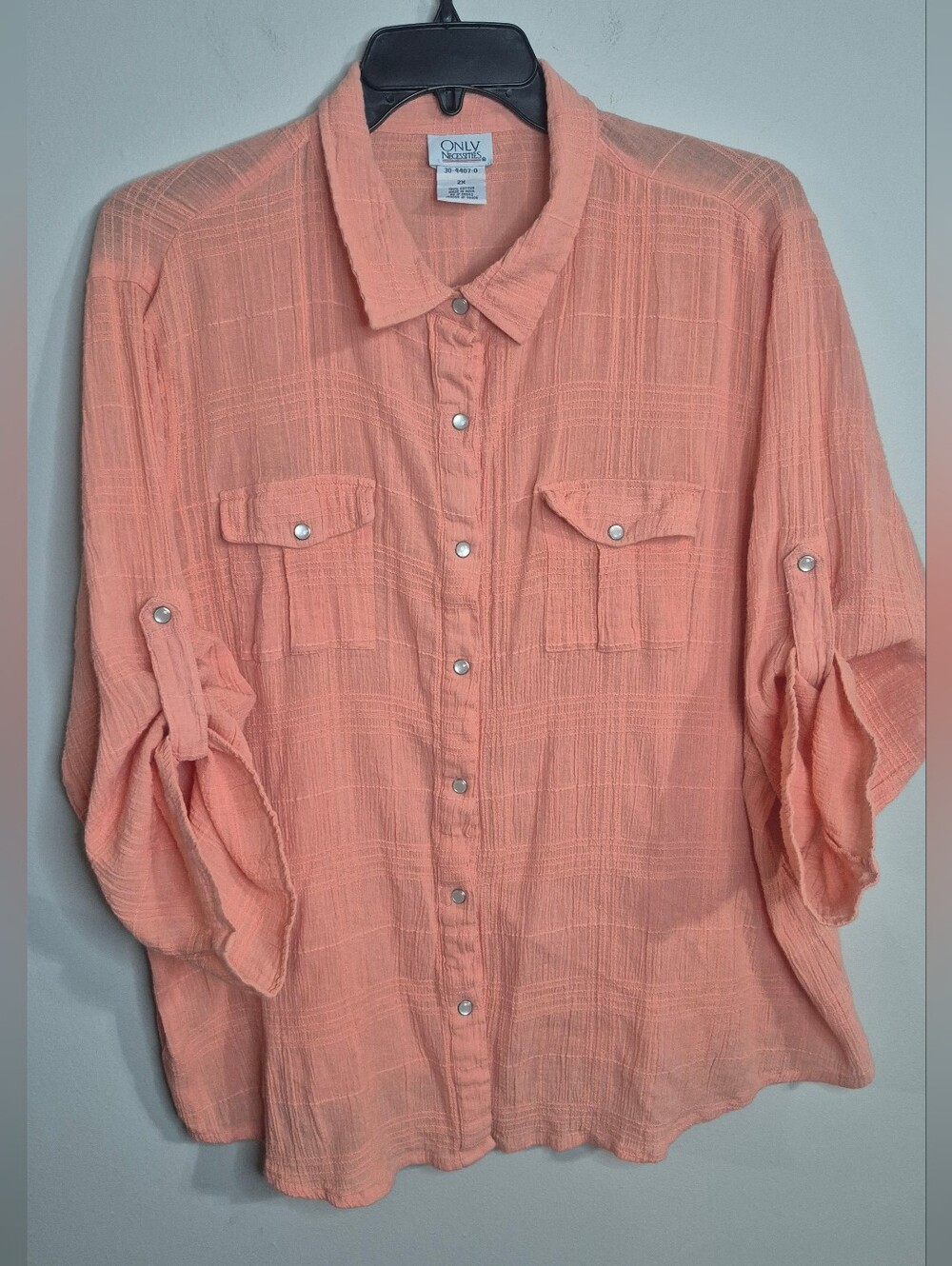 ONLY Necessities Peach Coral Snap Pearl Button-Front Roll-Tab Shirt Size 2X
